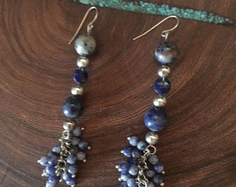 Blue lapis dangle earrings, lapis sterling silver earrings