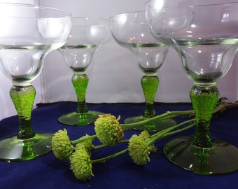 Margarita Glasses Clear Bowl and Lime Green Bulbous Textured Stems Summer Gift or Entertainment