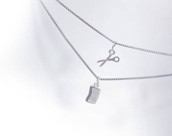 Scissors and Comb Necklace in Solid Sterling 925 Silver (SN023)