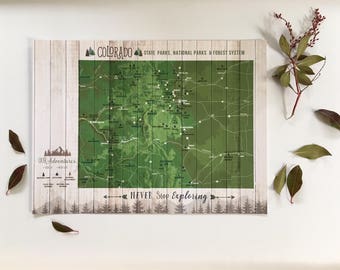 Colorado gifts, Colorado Map, Colorado State Art, State parks, park Checklist, Hiking trails, parks and recreation, Push Pin board, CO map