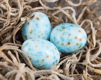 Large Robin Egg Lampwork Glass Bead, Birds, Blue Brown Handmade Jewelry Supplies