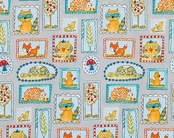 Dena Designs FoX PLAYGROUND Animals in Frames on Grey Kids Cotton Fabric for Free Spirit