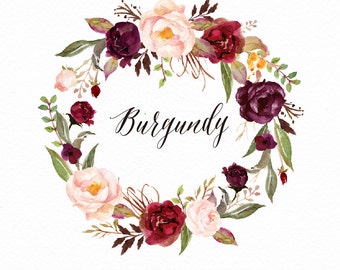 Watercolor flower wreath clipart-Burgundy/Hand Painted/Wedding design