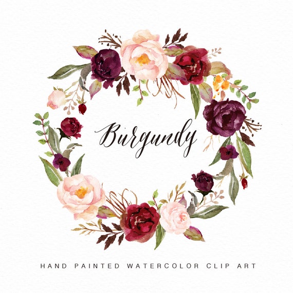 Download Watercolor flower wreath clipart-Burgundy/Hand Painted/Wedding