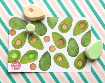 avocado rubber stamp set | avocado slice & seed | tropical fruit vegetable stamp | diy card making | hand carved by talktothesun | set of 3