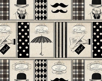 Gentlemen, Mustache, Black Cream, Mustache Fabric, by David Textiles Fabric, Novelty, 100% Cotton - YARD