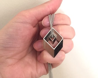 Double Rhombus Geometric Necklace in Silver Tone. 3d Abstract Minimal Pendats