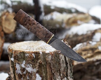 Knife with etched blade and carved handle Bushcraft Survival Camping Fishing Best Gift