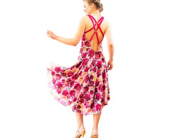 Low back tango dress in tea roses. Halter dress with back straps for milonga. Backless cocktail dress with tail. Bridesmaid dress.