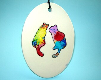 Cat Ornament - alcohol ink painting – christmas ornament - Fine Art Ceramics – tie dye inspired – handmade – Goldhawk Pottery – home décor
