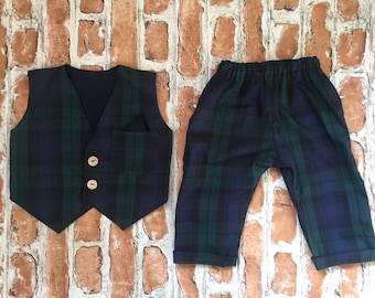 Handmade boys tartan waistcoat and pants set, Christmas outfit, toddler clothes set, matching set, winter baby, unique outfit, baby gift.
