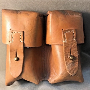 Vintage Yugoslavian army leather Mauser ammo double belt pouch military ammunition JNA Communist Soviet Era