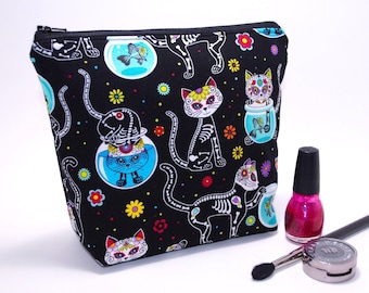 Sugar Skull Makeup Bag, Large Makeup Bag, Cosmetic Bag, Makeup Storage, Day of the Dead, Skeleton Kitty, Cute Makeup Bag, Edgy Makeup Bag