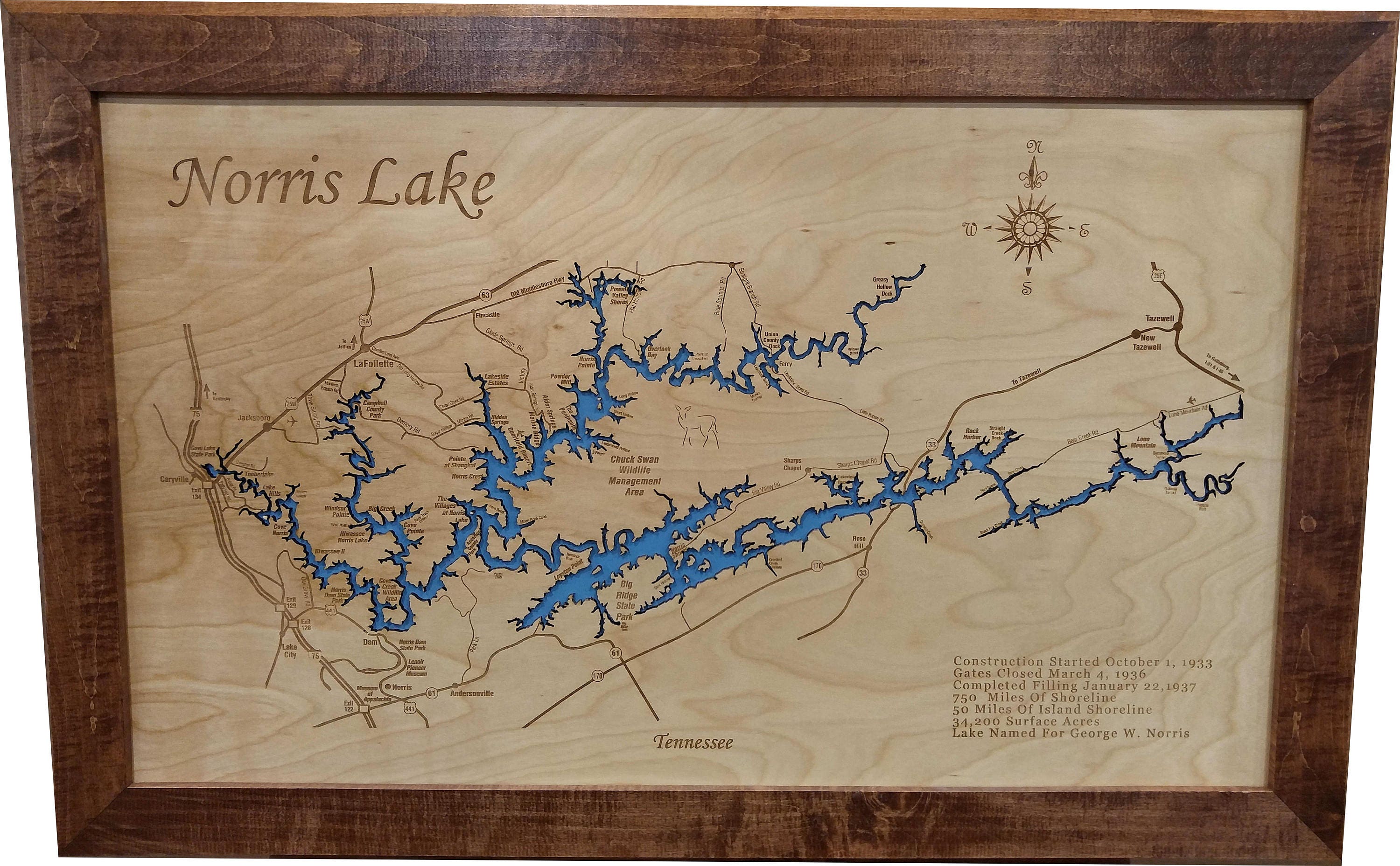 Wood Laser Cut Map of Norris Lake TN Topographical Engraved