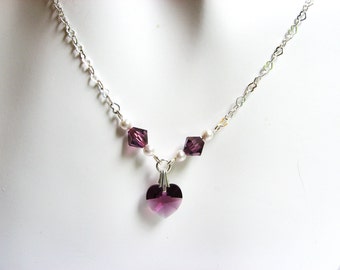 Crystal Heart Necklace, Amethyst Purple February Birthstone Jewelry, Swarovski Crystal Heart Pendant Necklace on Sterling Silver Heart Chain