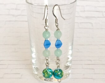 Colorful Dangle Earrings Blue Green Earrings Blue Earrings Stone Bead Earrings Boho Earrings Long Drop Earrings Holiday Gift Her Gift Mom