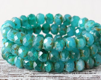 9x6mm Rondelle Beads - Czech Glass Beads - Jewelry Making - Deep Seafoam Mix- (10 or 25 bead strand)