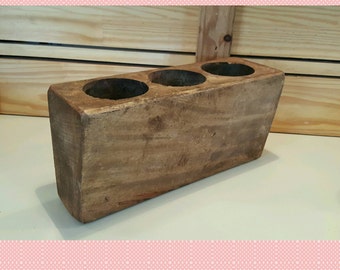 Vintage 3 hole sugar mold, candleholder, wedding, rustic, decor, succulents, candles, organizer, centerpiece, wooden, mexico