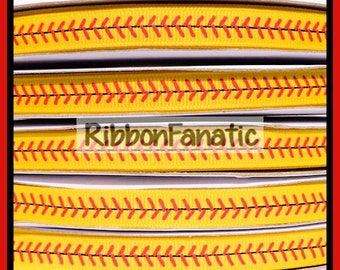 5 yds 3/8" Yellow Softball RED Stitches Laces Grosgrain Ribbon
