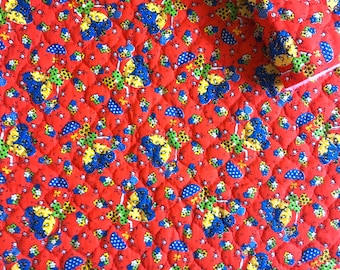 Vintage Fabric 70's Red, Quilted, Floral Cotton, Polyester, Material, Textiles