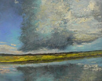 16x20 Oil Landscape, Marsh Landscape, Palette Knife Art, Impressionist art, "Storm Moves Over the Marsh"