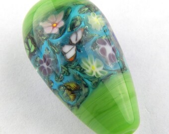 Green Garden With Butterflies and Flower Murrine Lampwork Glass Bead by Chase Designs