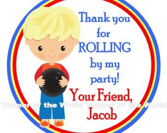 12 Personalized Bowling blonde hair Boy Birthday Party Favor Thank You Tags or Stickers You Choose