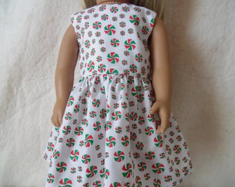 Red and Green peppermints on white dress for American Girl dolls, Springfield dolls