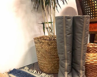 70s Golo Gray Knee High Winter Boots, Faux Fur Lined Canvas heel boots