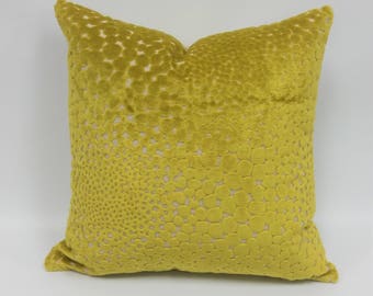 Imported Cut Velvet and Silk Cushion Cover, Pinto - Acacia, Villa Nova Folium Collection - 18" x 18" Citron Yellow on a Natural Back Ground
