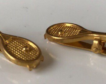 2 Small Gold Vintage Tennis Racket Clips, Jewelry Tie Clothes Clip