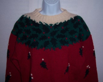 Vintage American Eagle Holly Christmas Holiday Red Green Off White Heavy Wool Sweater Medium Xmas Holly Berries AE