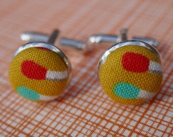 Yellow Matchstick Fabric Button Silver Plated Cufflinks