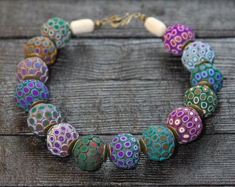 Statement necklace Purple necklace Green necklace Big Bead Necklace Large Beaded Necklace Boho Necklace Big Bold Chunky Necklace