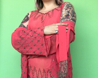 1920s Dress / 20s Beaded Dress w/ Jacket / Pink Bell Sleeve