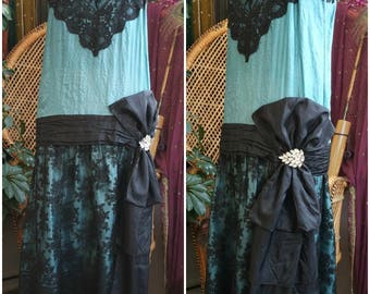 Azure Coquette 1920's Silk and Lace Dress Gown Handmade with Antique Materials 20s Style Flapper Gatsby Art Deco