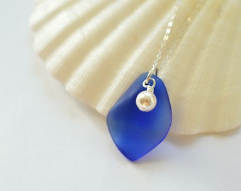 Cobalt blue sea glass pendant seaglass pendant sea glass jewelry seaglass jewelry blue necklace with Swarovski pearl handmade jewelry