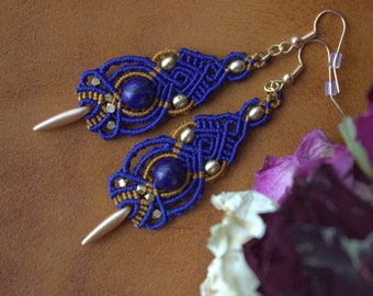 BLUE MICRO MACRAME Drop Earrings with Lapis Lazuli stone, Czech glass, Handmade Brass beads from India, Medium length Women Earrings