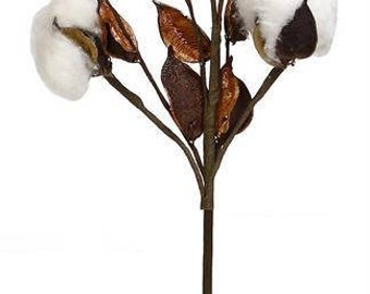 13" Faux Cotton Bolls, Primitive Cotton Bolls,Cotton Floral Pick FH7759, 13" Cotton Pod Pick FH7759, 13" Cotton Boll Spray, 13" Cotton Spray