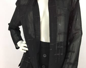 80s black sheer blouse/vintage blouse/1980s black blouse