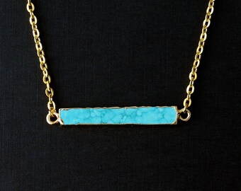 Small Turquoise Bar Necklace, Turquoise Gold Necklace