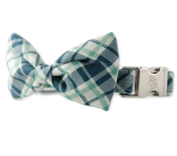 Green and Blue Plaid Bow Tie Dog Collar Plaid