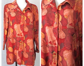 Vintage 80's Shirt Blouse Oversize Bright Orange/Red Leaf Print UK14/16 EU40/42