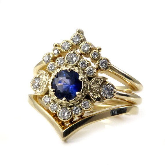 Moon Goddess Sapphire Engagement Ring Set with Double Chevron Wedding Band - 14k Gold - Handmade Jewelry