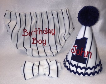 Boys Cake Smash Outfit - Baseball Stripe Navy - Diaper Cover, Bow Tie & Birthday Hat - Birthday Set
