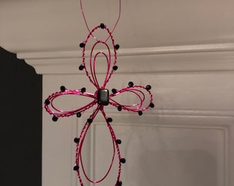 Pink wire beaded cross ornament