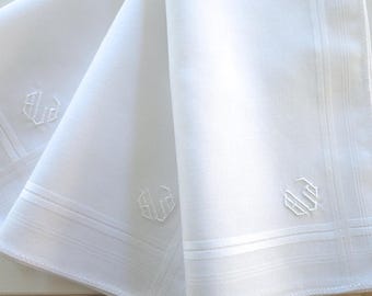 Mens Monogrammed Handkerchiefs Gift Set of 3 Fine White Cotton Men's Initialed Handkerchiefs