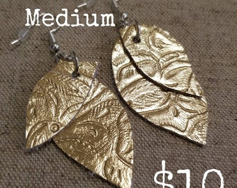 Gold Embossed Leather Earrings