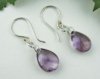 Amethyst Dangle Earrings, Amethyst Teardrops, Silver Plated Wire, Silver Plated French Hook Earwires, Lavender, Purple, Romantic, Handmade