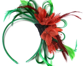 Emerald Green & Scarlet Red Feathers Fascinator on Headband